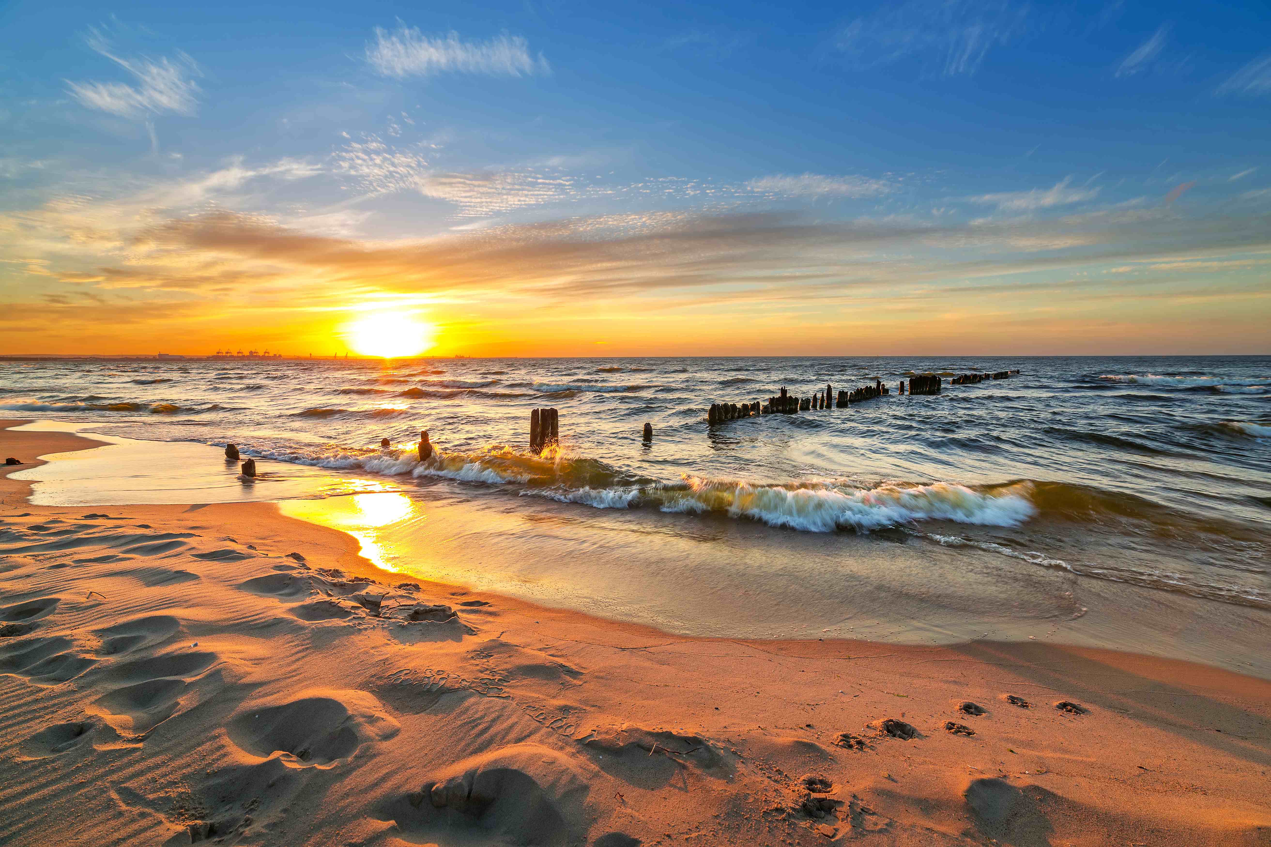 Sunset on the beach at Baltic Sea in Poland